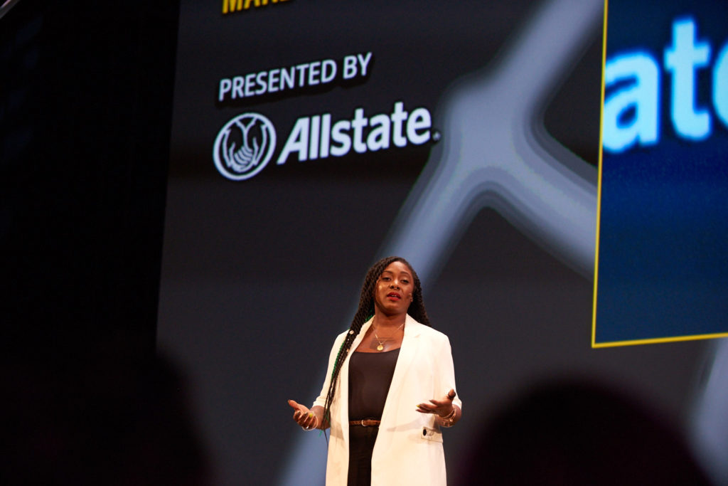 CHICAGO, IL - OCTOBER 20 : Alicia Garza, Co-Creator, Black Lives Matter; Special Projects Director, National Domestic Workers Alliance, spoke at the “Leadership: How Today's Leaders Make Critical Choices,” talk at the Cadillac Palace Theatre. (Photo by Lois Bernstein/Chicago Ideas Week)