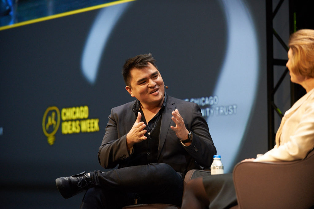 CHICAGO, IL - OCTOBER 17: Questioning everything in life is an innate part of the human condition. Jose Antonio Vargas, Founder & CEO, Define American, has devoted his life to elevating the discussion around some of the most universally pressing challenges. He was interviewed by Anne-Marie Slaughter at the Cadillac Palace Theatre (Photo by Lois Bernstein/Chicago Ideas Week).